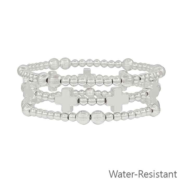 Water Resistant Silver Beaded and Silver Cross Set of 3 Stretch Bracelets