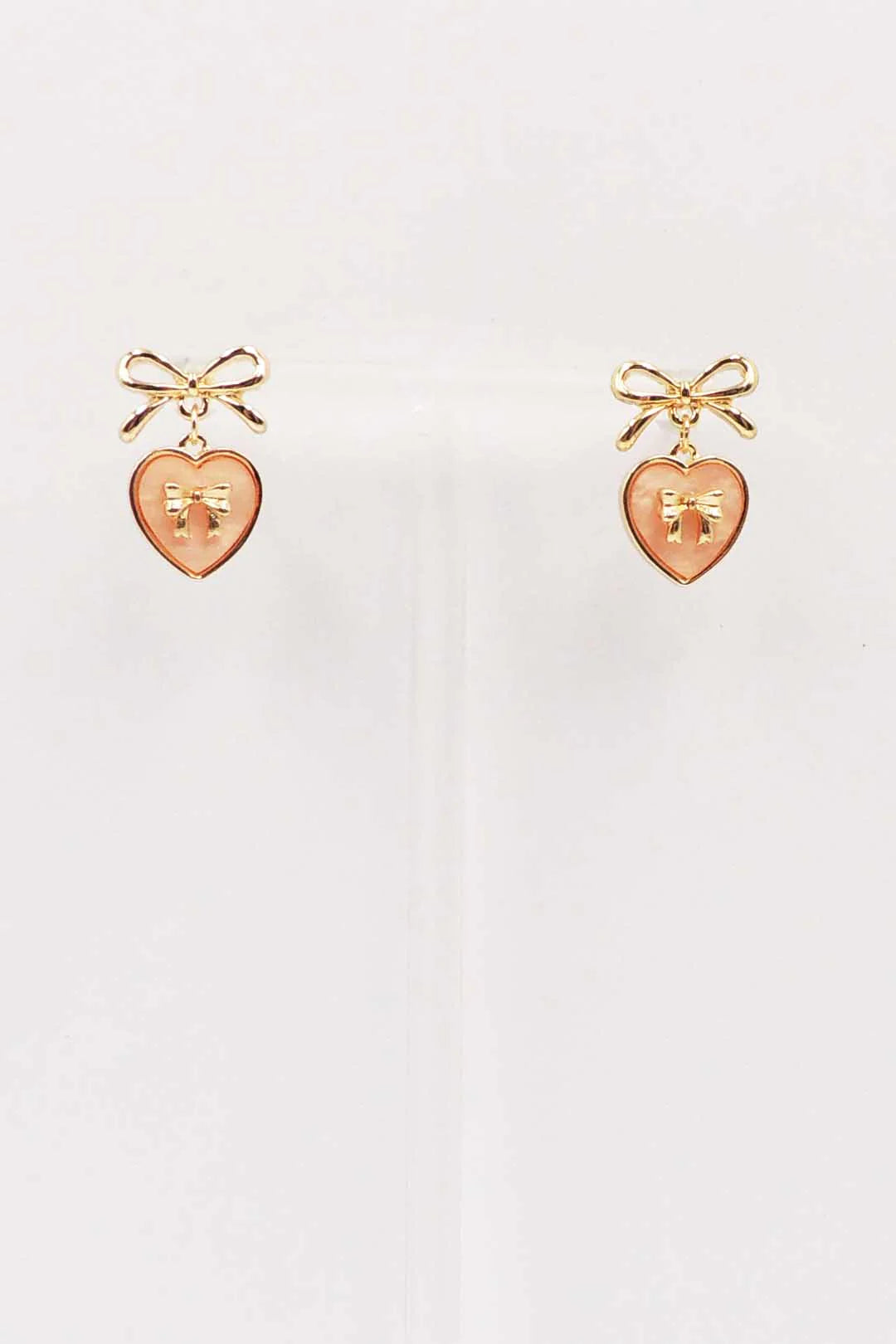 Gold Bow Stud Earring with Pink Mother of Pearl Heart .75" Earring