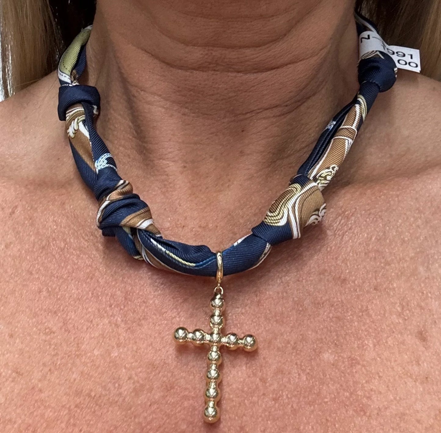 Navy and Brown Knotted Scarf with Bubble Cross Removable Charm Necklace