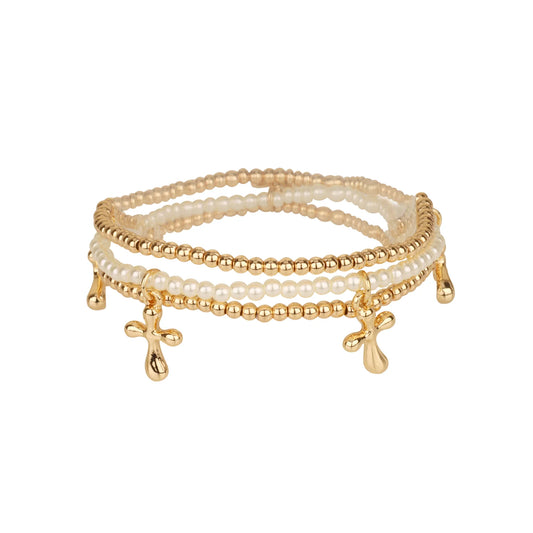 Set of 3 Gold Beaded and Pearl with Cross Charms Stretch Bracelets