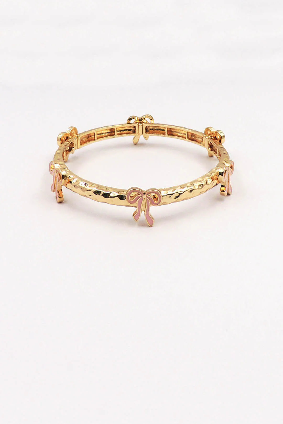 Gold Metal Hammered Stretch Bracelet with Pink Bows