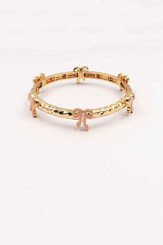 Gold Metal Hammered Stretch Bracelet with Pink Bows