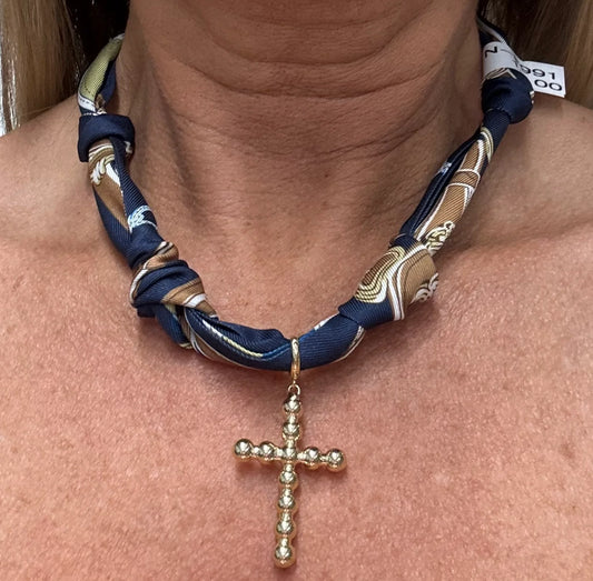Navy and Brown Knotted Scarf with Bubble Cross Removable Charm Necklace