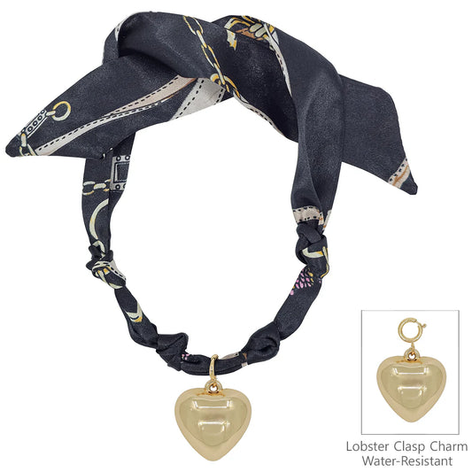 Black Knotted Scarf Necklace with Hammered 1" Puffy Heart Charm
