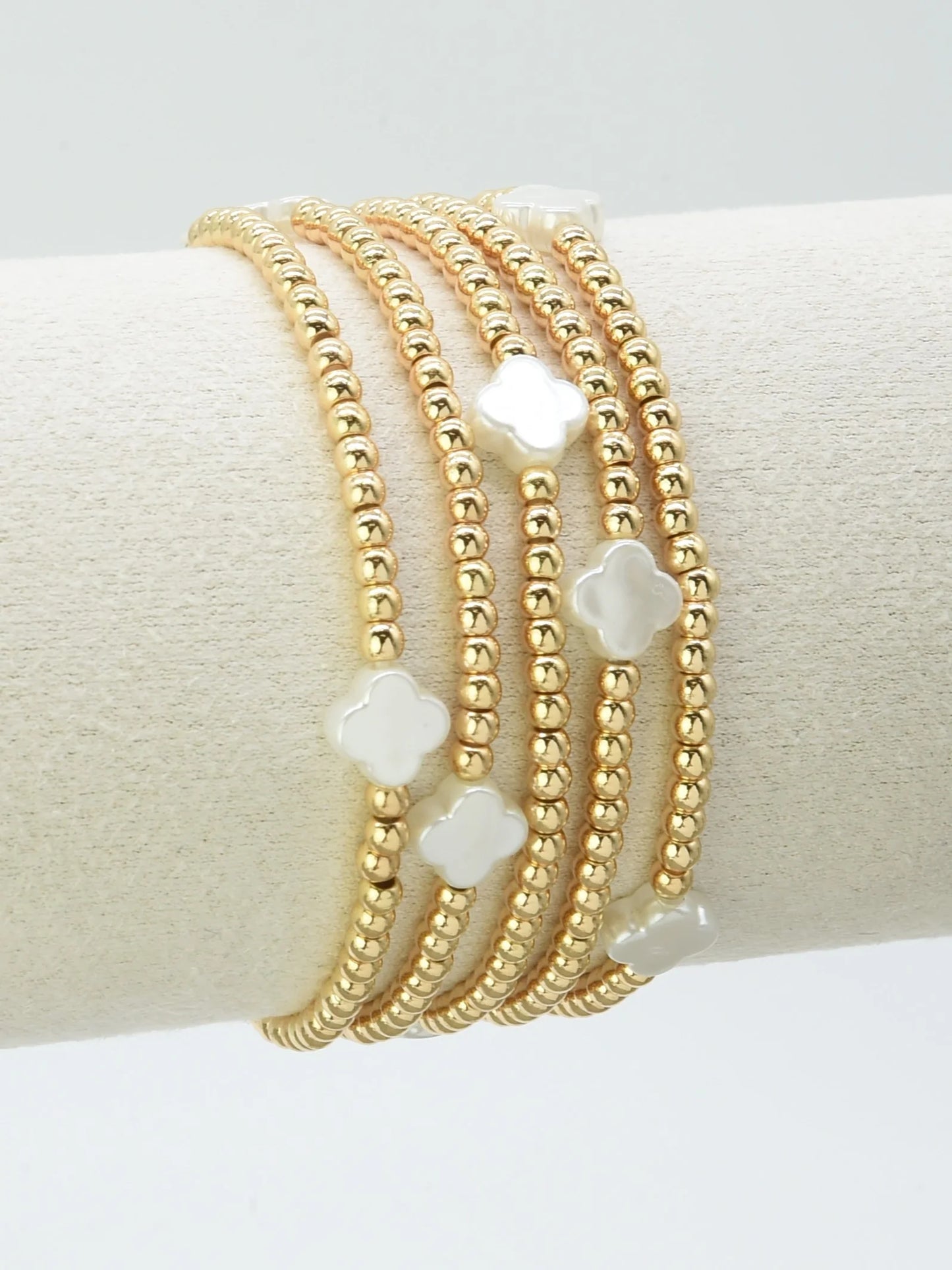 Set of 5 Gold Beaded with Glass Shell Clover Stretch Bracelets